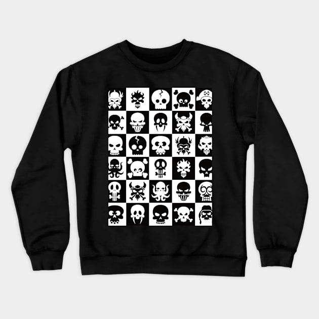 Black and White Skull Checkerboard Pattern Crewneck Sweatshirt by Graveyard Gossip